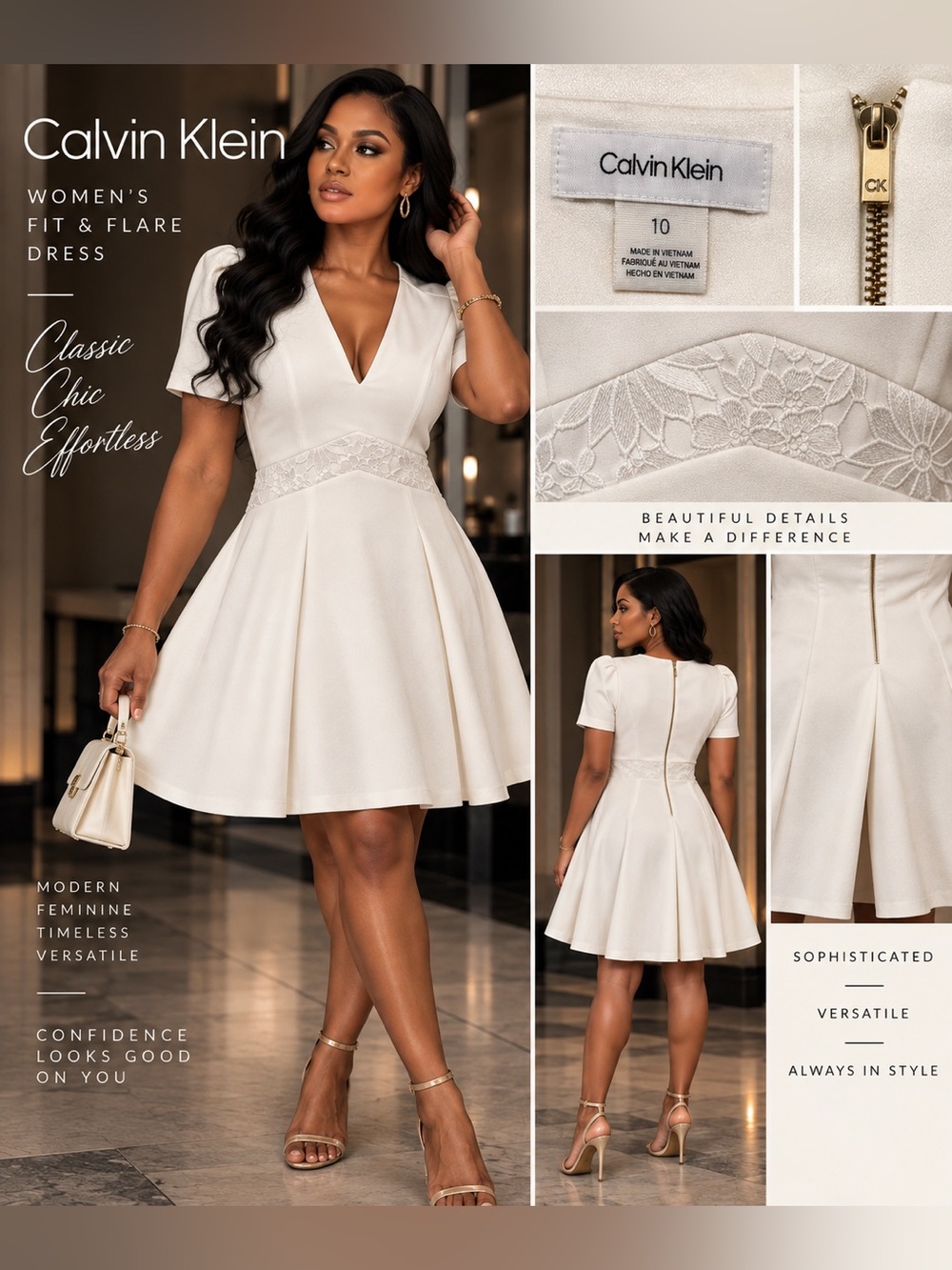 Calvin Klein Women's white V-Neck Fit & Flare Dress size 10